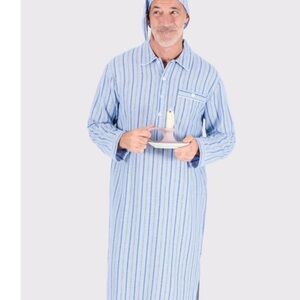 Peter Christian blue and white stripe long flannel nightshirt and cap mended XL